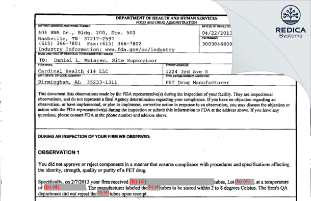 FDA 483 - Cardinal Health 414, LLC [Birmingham / United States of America] - Download PDF - Redica Systems
