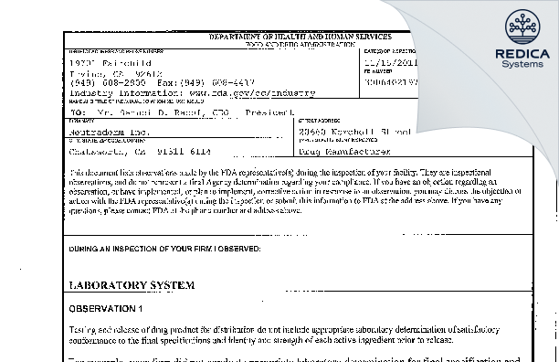FDA 483 - Neutraderm, Inc. [California / United States of America] - Download PDF - Redica Systems