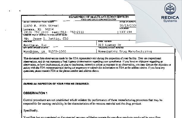 FDA 483 - Apotheca Company [Woodbine / United States of America] - Download PDF - Redica Systems