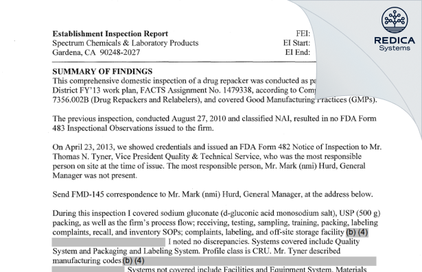 EIR - SPECTRUM LABORATORY PRODUCTS INC. dba SPECTRUM CHEMICAL MFG. CORP. [Gardena California / United States of America] - Download PDF - Redica Systems