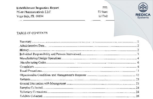 EIR - Pfizer Pharmaceuticals LLC [Vega Baja / United States of America] - Download PDF - Redica Systems