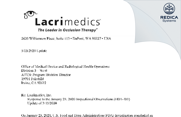 FDA 483 Response - Lacrimedics Inc [Dupont / United States of America] - Download PDF - Redica Systems