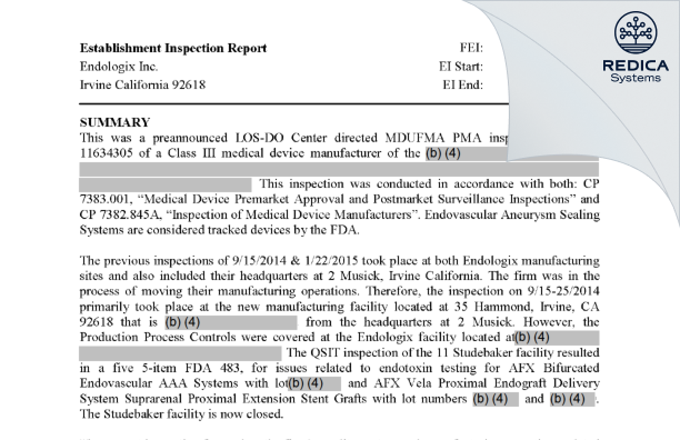 EIR - Endologix LLC [Irvine / United States of America] - Download PDF - Redica Systems