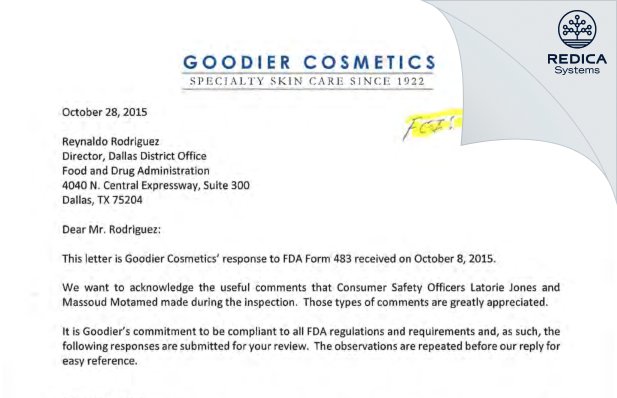 FDA 483 Response - Goodier Cosmetics [Dallas / United States of America] - Download PDF - Redica Systems