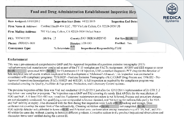 EIR - Cardinal Health 414, LLC [California / United States of America] - Download PDF - Redica Systems