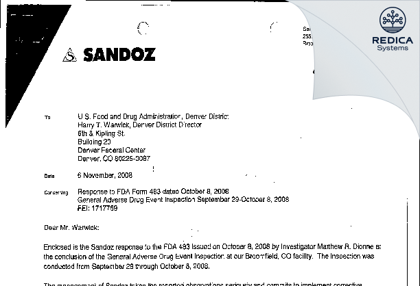 FDA 483 Response - Sandoz Incorporated [Broomfield / United States of America] - Download PDF - Redica Systems
