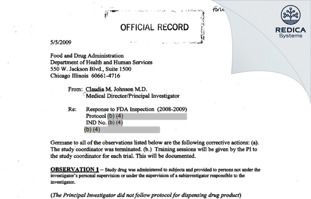 FDA 483 Response - Johnson, Claudia, M.D. [Chicago / United States of America] - Download PDF - Redica Systems