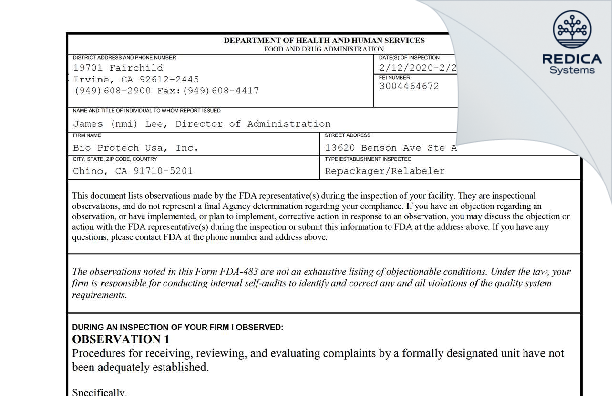 FDA 483 - Bio Protech Usa, Inc. [Chino / United States of America] - Download PDF - Redica Systems