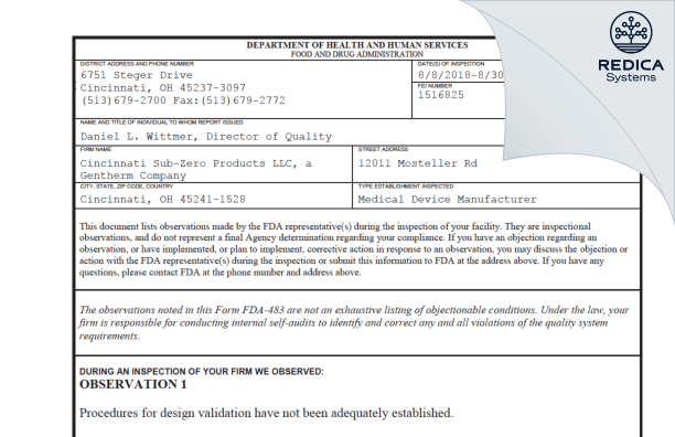 FDA 483 - Gentherm Medical, LLC [Blue Ash / United States of America] - Download PDF - Redica Systems