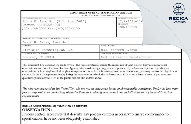 FDA 483 - BioVision Technologies, LLC [Boulder / United States of America] - Download PDF - Redica Systems