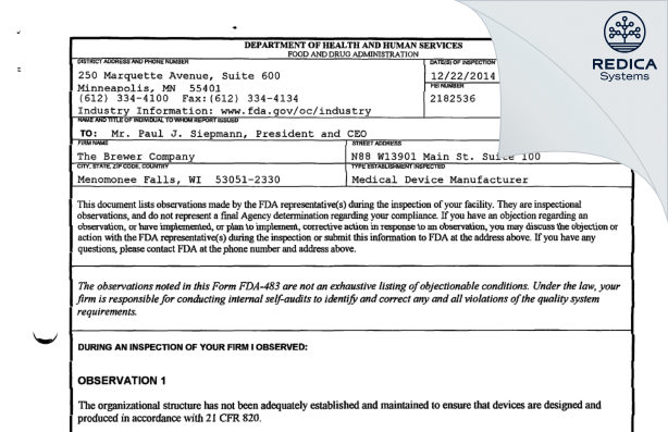 FDA 483 - Brewer Company, LLC [Menomonee Falls / United States of America] - Download PDF - Redica Systems