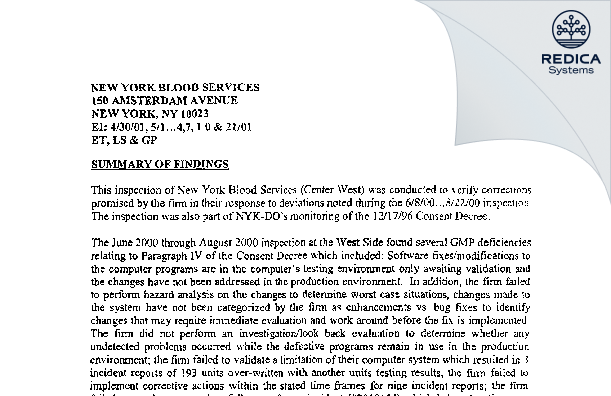 EIR - New York Blood Center, Inc. [York / United States of America] - Download PDF - Redica Systems