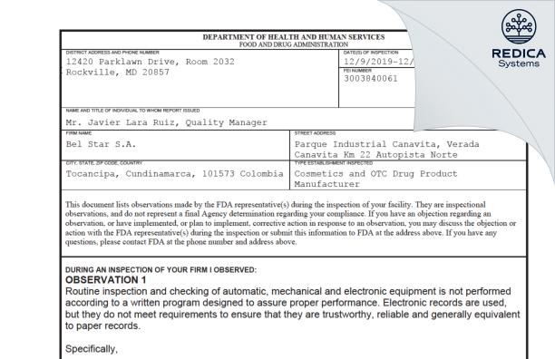 FDA 483 - BEL STAR S A [Tocancipa / Colombia] - Download PDF - Redica Systems