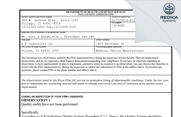 FDA 483 - E K Industries Inc [Joliet / United States of America] - Download PDF - Redica Systems