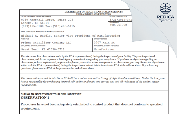 FDA 483 - Primus Sterilizer Company LLC [Great Bend / United States of America] - Download PDF - Redica Systems