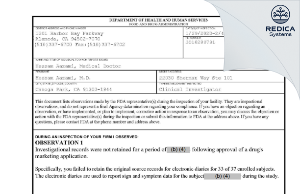 FDA 483 - Hessam Aazami, M.D. [Canoga Park / United States of America] - Download PDF - Redica Systems
