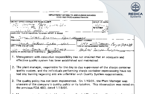 FDA 483 - Disposal System, Inc. [West Palm Beach / United States of America] - Download PDF - Redica Systems