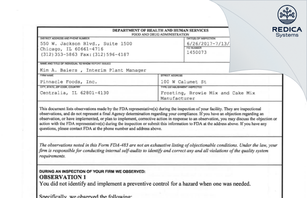 FDA 483 - CONAGRA BRANDS CORPORATION [Centralia / United States of America] - Download PDF - Redica Systems