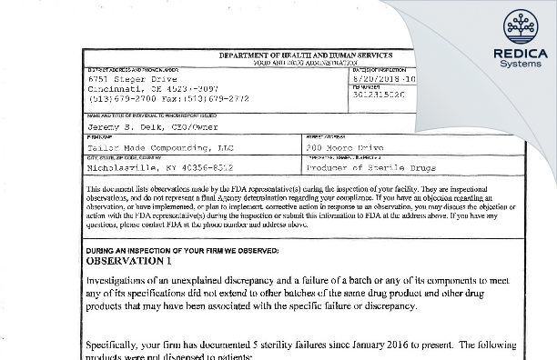 FDA 483 - TMC Acquisitions LLC dba Tailor Made Compounding [Nicholasville / United States of America] - Download PDF - Redica Systems