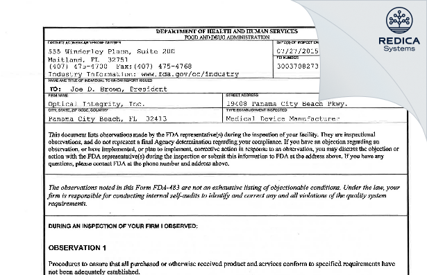 FDA 483 - Optical Integrity, Inc. [Panama City Beach / United States of America] - Download PDF - Redica Systems