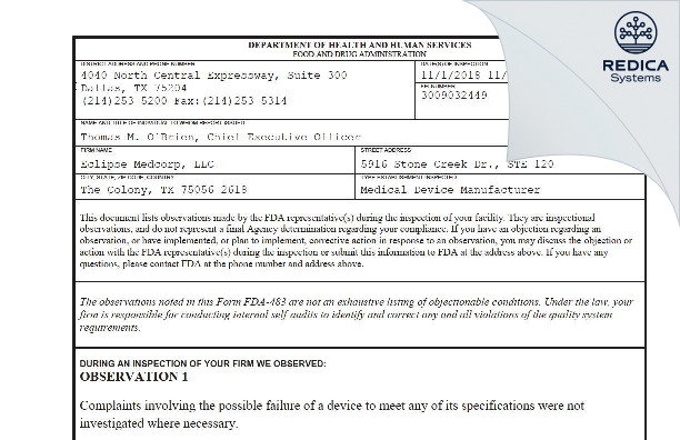 FDA 483 - Eclipse Medcorp, LLC [Lewisville / United States of America] - Download PDF - Redica Systems