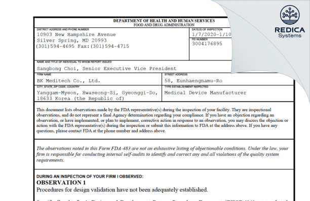 FDA 483 - BK Meditech Co., Ltd. [- / -] - Download PDF - Redica Systems
