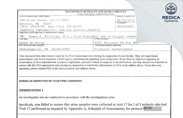 FDA 483 - Ruemu Birhiray [Indianapolis / United States of America] - Download PDF - Redica Systems