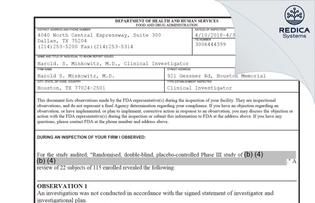 FDA 483 - Harold S. Minkowitz, M.D. [Houston / United States of America] - Download PDF - Redica Systems
