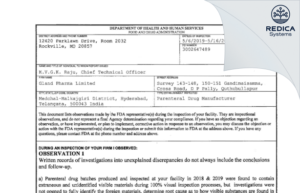 FDA 483 - GLAND PHARMA LIMITED [India / India] - Download PDF - Redica Systems