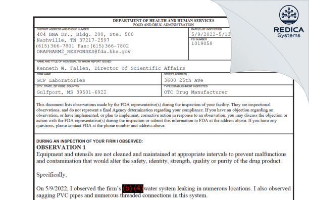 FDA 483 - GCP Laboratories [Gulfport / United States of America] - Download PDF - Redica Systems