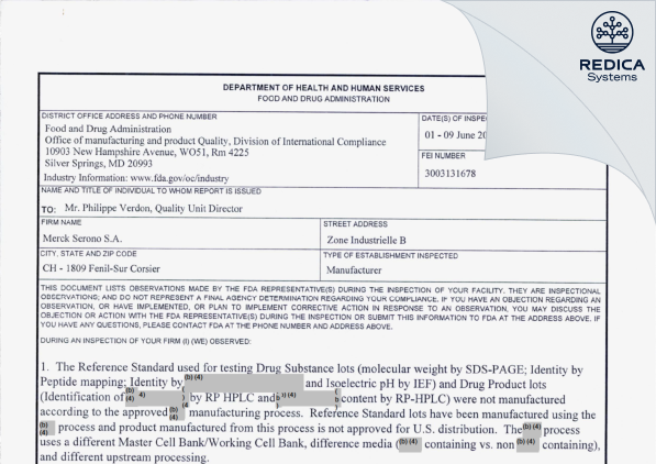 FDA 483 - MERCK SERONO SA [Corsier-Sur-Vevey / Switzerland] - Download PDF - Redica Systems