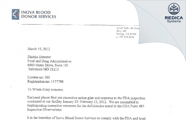 FDA 483 Response - Inova Health Care Services [Sterling / United States of America] - Download PDF - Redica Systems