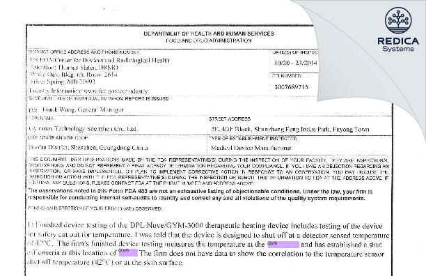 FDA 483 - GYMMAX TECHNOLOGY SHENZHEN CO., LTD. [Shenzhen / China] - Download PDF - Redica Systems