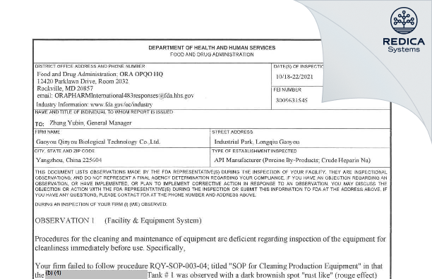 FDA 483 - Gaoyou Qinyou Bio-Technical Co., Ltd [Yangzhou / China] - Download PDF - Redica Systems