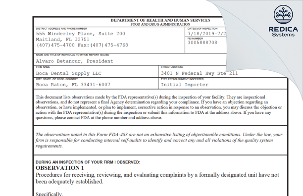 FDA 483 - Boca Dental Supply LLC [Boca Raton / United States of America] - Download PDF - Redica Systems