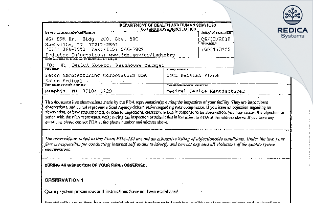 FDA 483 - Eaton Manufacturing Corporation Dba Eaton Medical [Memphis / United States of America] - Download PDF - Redica Systems