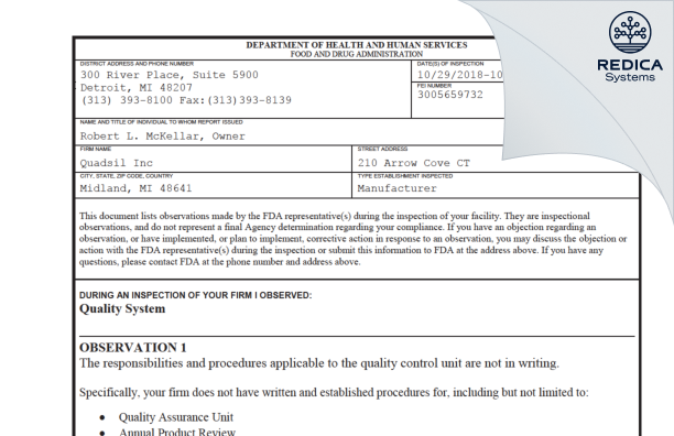 FDA 483 - MiBizOnline Inc. DBA Hales Industries [Midland / United States of America] - Download PDF - Redica Systems