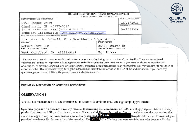 FDA 483 - Nature Pure LLC [West Mansfield / United States of America] - Download PDF - Redica Systems