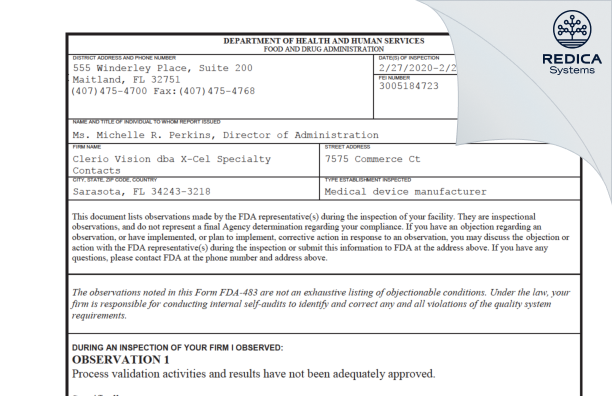 FDA 483 - Clerio Vision [Sarasota / United States of America] - Download PDF - Redica Systems