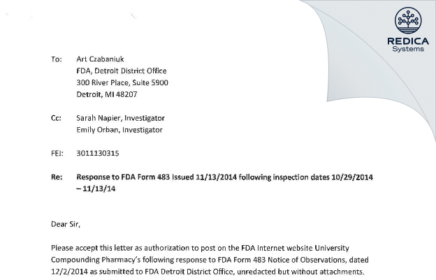 FDA 483 Response - Diversified Pharmacy Inc dba University Compounding Pharmacy [Troy / United States of America] - Download PDF - Redica Systems