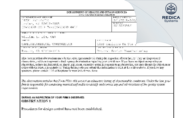 FDA 483 - CARDIOBIOMEDICAL CORPORATION [Duarte / United States of America] - Download PDF - Redica Systems