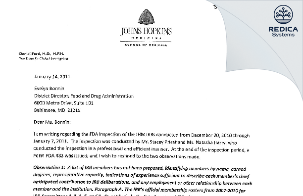 FDA 483 Response - Johns Hopkins University School of Medicine IRB [Baltimore / United States of America] - Download PDF - Redica Systems