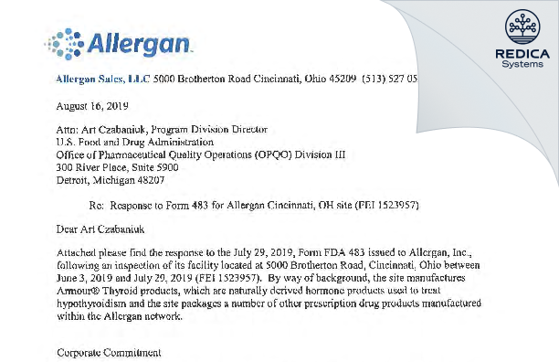 FDA 483 Response - Allergan Sales, LLC [Cincinnati Ohio / United States of America] - Download PDF - Redica Systems