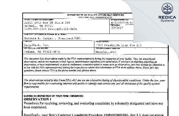 FDA 483 - SurgiMark, Inc. [Yakima / United States of America] - Download PDF - Redica Systems