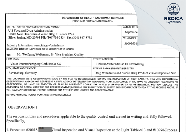 FDA 483 - Vetter Pharma Fertigung GmbH & Co. KG (Ravensburg Helmut-Vetter-Strasse) [Ravensburg / Germany] - Download PDF - Redica Systems
