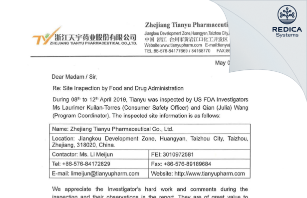 FDA 483 Response - Zhejiang Tianyu Pharmaceutical Co., Ltd. [China / China] - Download PDF - Redica Systems