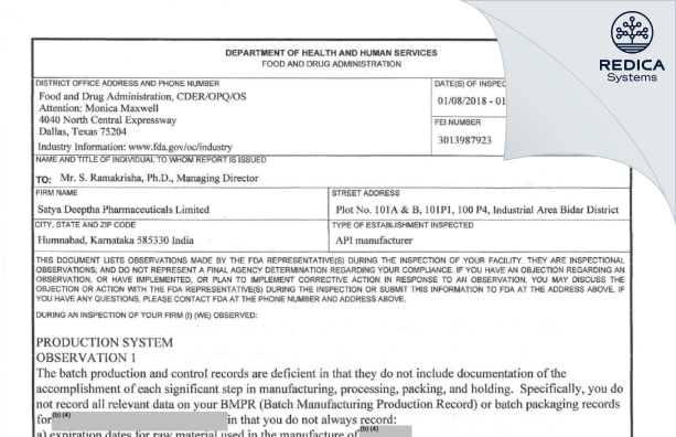 FDA 483 - Satya Deeptha Pharmaceuticals Limited [Humnabad / India] - Download PDF - Redica Systems