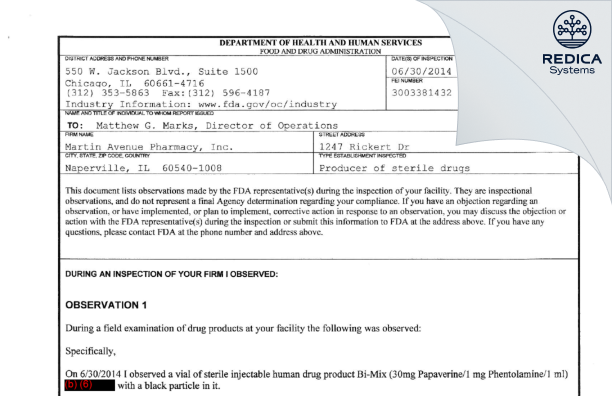 FDA 483 - Martin Avenue Pharmacy, Inc. [Naperville / United States of America] - Download PDF - Redica Systems