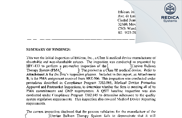 EIR - Ethicon Inc. [Juarez / Mexico] - Download PDF - Redica Systems