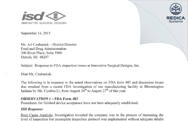 FDA 483 Response - Innovative Surgical Designs, Inc. [Bloomington / United States of America] - Download PDF - Redica Systems